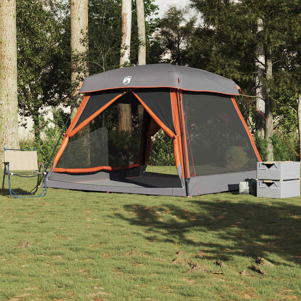 vidaXL Tenda familiar estilo cabana 6 pessoas imperm. cinza/laranja