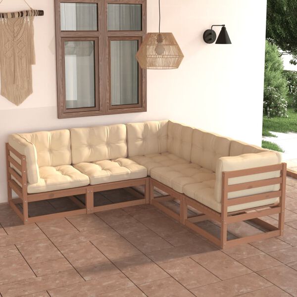 vidaXL 5 pcs conjunto lounge de jardim c/ almofadões pinho maciço