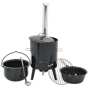 vidaXL Forno de goulash com chamin&eacute; e tampa a&ccedil;o esmaltado preto