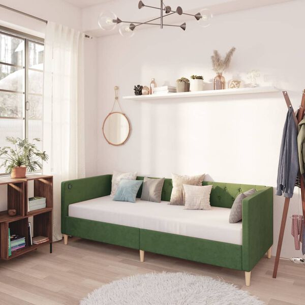 vidaXL Sof&aacute;-cama c/ colch&atilde;o e sa&iacute;da USB 90x200 cm tecido verde-escuro