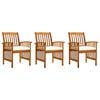 vidaXL Cadeiras de jantar p/ jardim 3 pcs c/ almofad&otilde;es ac&aacute;cia maci&ccedil;a