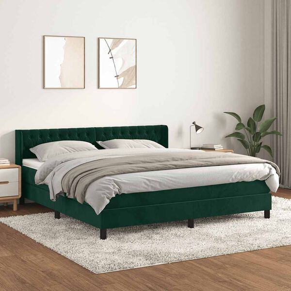vidaXL Cama com molas/colch&atilde;o 160x200 cm veludo verde-escuro