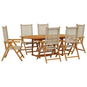 vidaXL 7pcs conjunto de jantar p/ jardim vime PE/ madeira maci&ccedil;a bege