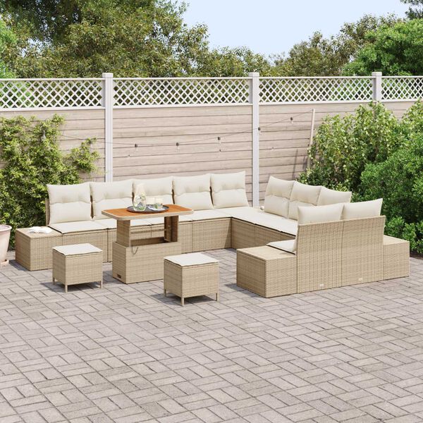 vidaXL Conjunto de Sof&aacute; de Jardim com almofada 13 pcs Bege vime PE