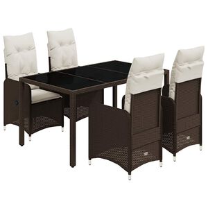 vidaXL 5 pcs conjunto bistr&ocirc; p/ jardim c/ almofad&otilde;es vime PE castanho