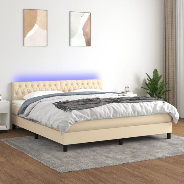 vidaXL Cama box spring c/ colch&atilde;o e LED 160x200 cm tecido cor creme