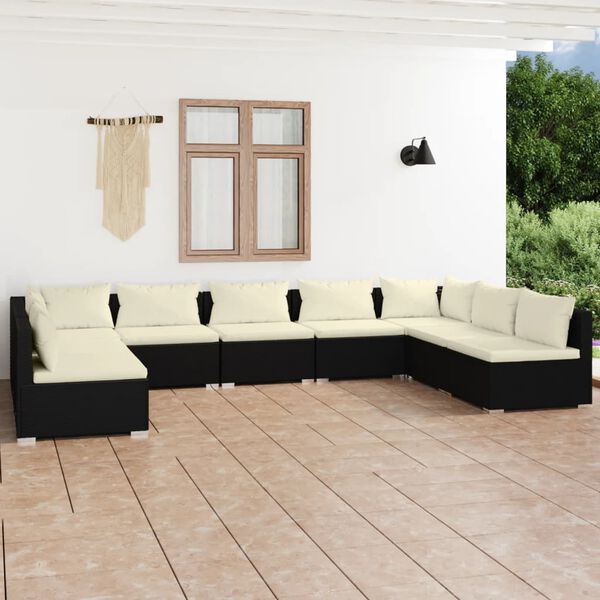vidaXL 9 pcs conjunto lounge de jardim c/ almofad&otilde;es vime PE preto