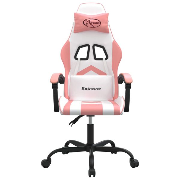 vidaXL Cadeira gaming girat&oacute;ria couro artificial branco e rosa