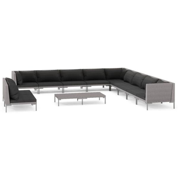 vidaXL 12 pcs conj. lounge jardim c/ almofad&otilde;es vime PE cinza-escuro