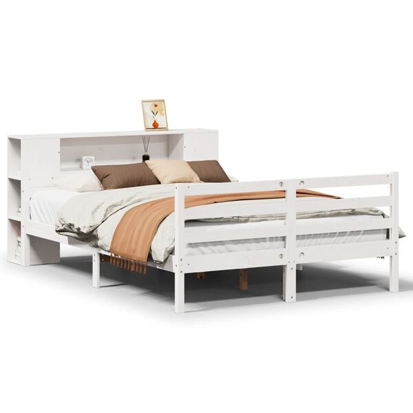 vidaXL Cama com estante sem colchão 135x190 cm pinho maciço branco