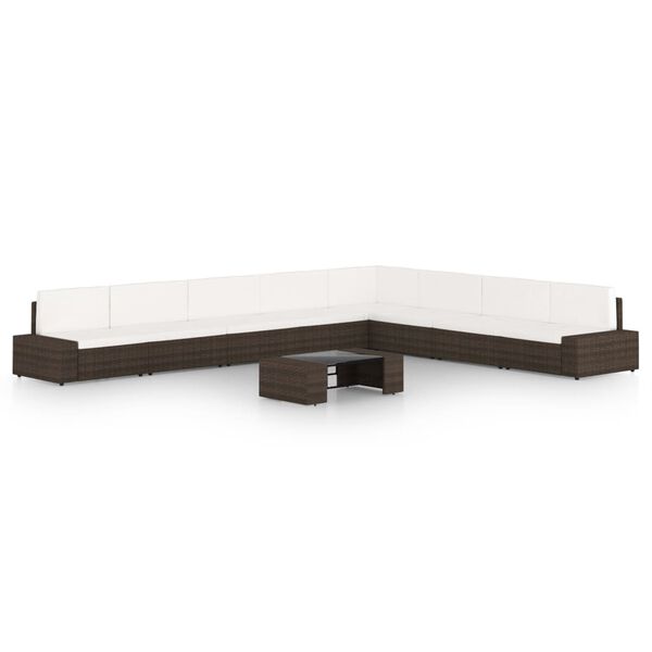 vidaXL 9 pcs conjunto lounge p/ jardim c/ almofad&otilde;es vime PE castanho