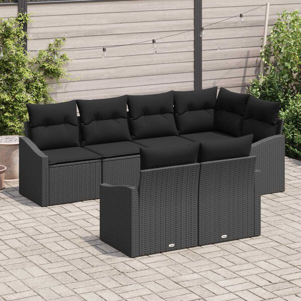 vidaXL Conjunto de Sof&aacute;s com almofada 7 pcs Preto vime PE