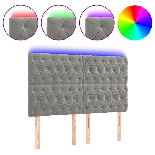 vidaXL Cabeceira cama c/ luzes LED veludo 160x7x118/128cm cinza-claro