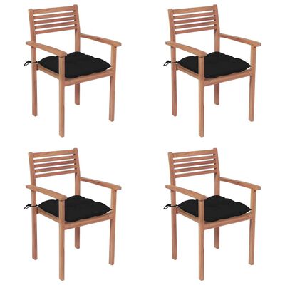 vidaXL Cadeiras de jardim c/ almofadões pretos 4 pcs teca maciça