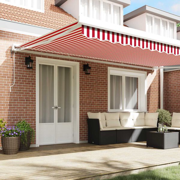 vidaXL Toldo Retrátil Vermelho e branco 500 × 300 cm Tecido, Metal
