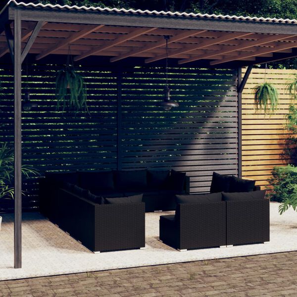 vidaXL 12 pcs conjunto lounge de jardim c/ almofad&otilde;es vime PE preto