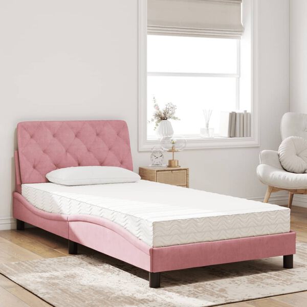 vidaXL Cama com colchão 100x200 cm veludo rosa