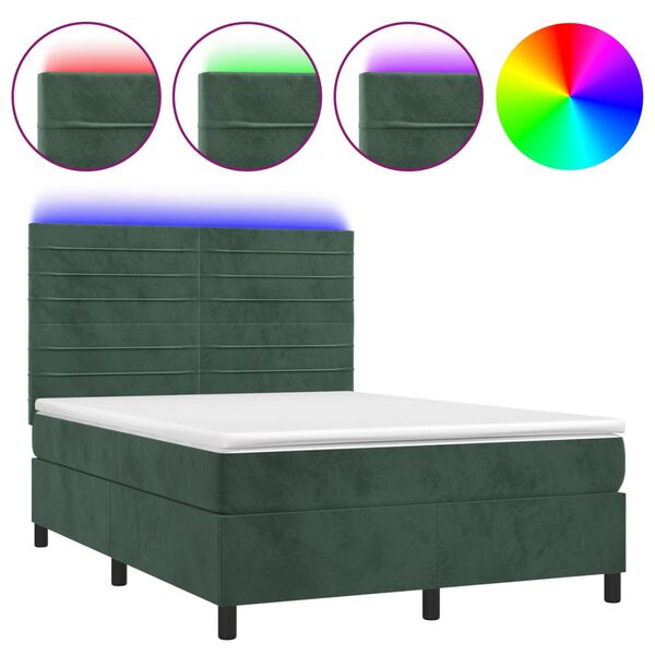 vidaXL Cama box spring c/ colch&atilde;o/LED 140x200 cm veludo verde-escuro