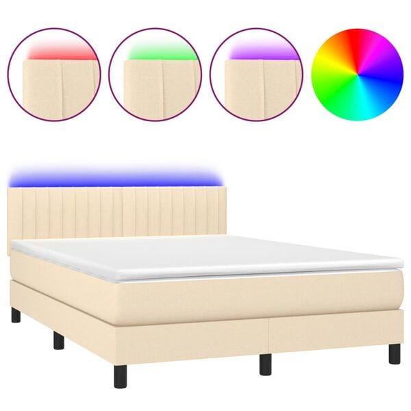 vidaXL Cama box spring c/ colch&atilde;o e LED 140x190 cm tecido cor creme