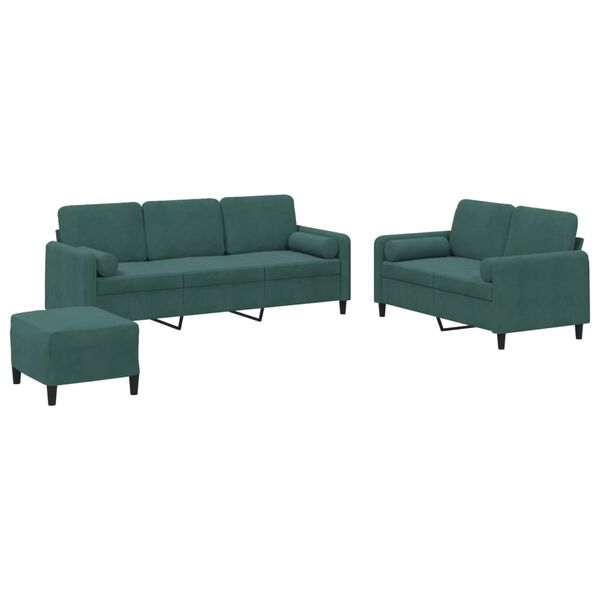 vidaXL 3 pcs conjunto de sof&aacute;s com almofadas veludo verde-escuro