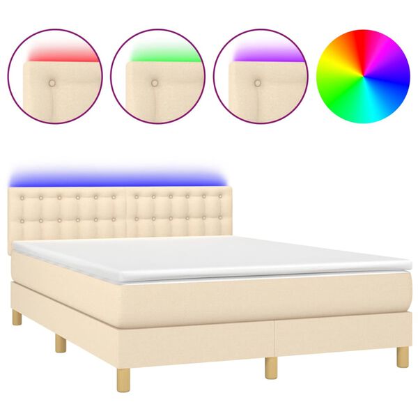vidaXL Cama box spring c/ colch&atilde;o e LED 140x190 cm tecido cor creme