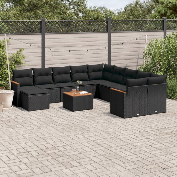 vidaXL 12 pcs conjunto de sofás de jardim c/ almofadões vime PE preto
