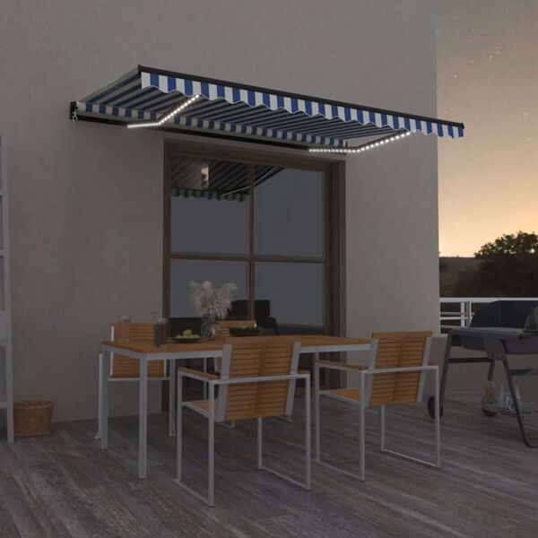vidaXL Toldo retr&aacute;til manual com LED 450x300 cm azul e branco