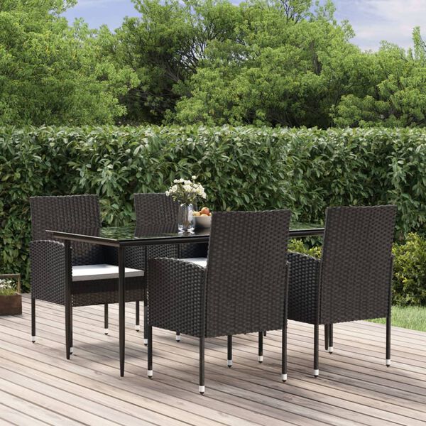 vidaXL 5 pcs conjunto de jantar p/ jardim c/ almofad&otilde;es vime PE preto