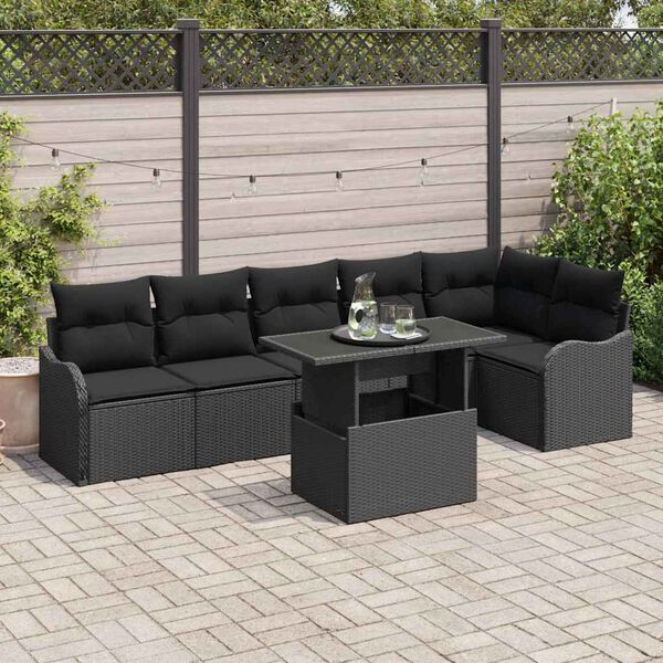 vidaXL Conjunto de Sof&aacute; de Jardim 7 pcs Preto Rattan de Polipropileno