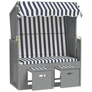vidaXL Strandkorb com toldo vime PE e madeira maci&ccedil;a azul e branco