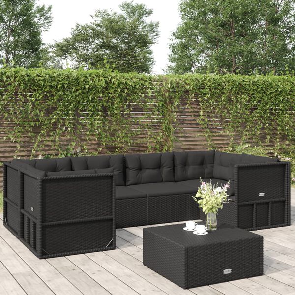 vidaXL 6 pcs conjunto lounge de jardim c/ almofad&otilde;es vime PE preto