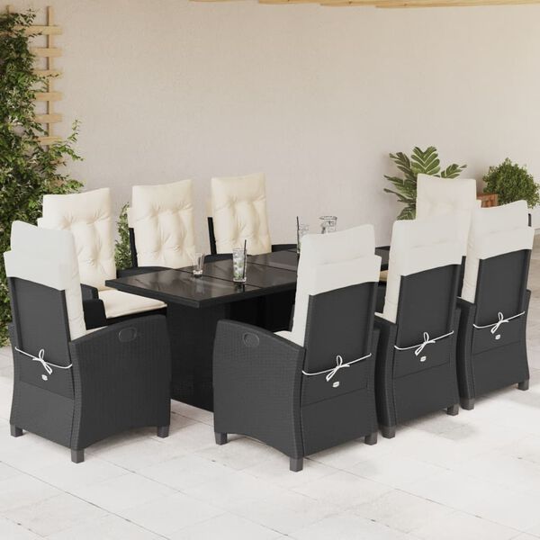 vidaXL 9 pcs conjunto de jantar p/ jardim c/ almofad&otilde;es vime PE preto