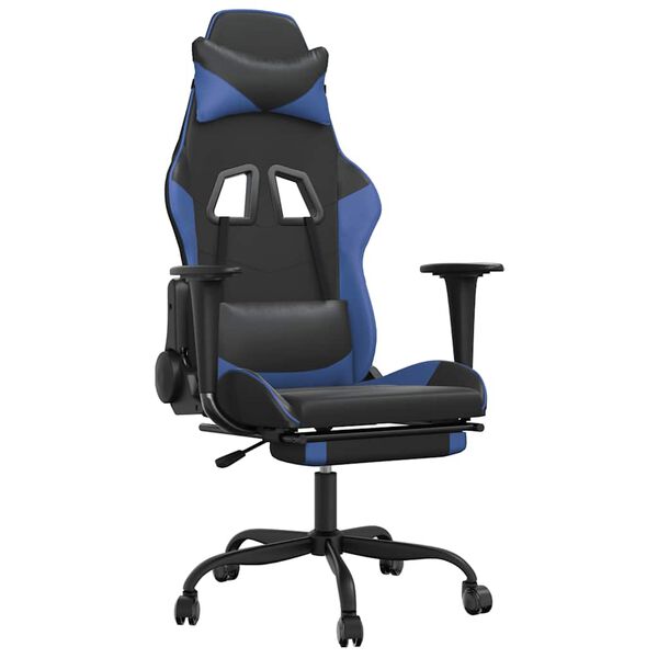 vidaXL Cadeira gaming massagens c/ apoio pés couro artif. preto/azul