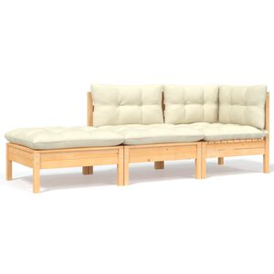 vidaXL 3 pcs conjunto lounge jardim c/ almofad&otilde;es creme pinho maci&ccedil;o
