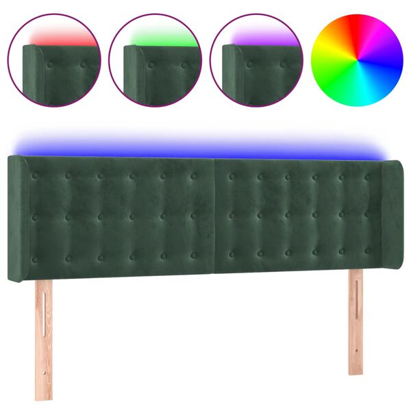 vidaXL Cabeceira cama c/ luzes LED veludo 147x16x78/88 cm verde-escuro