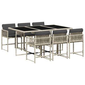 vidaXL 7 pcs conj. jantar p/ jardim c/ almofad&otilde;es vime PE cinza-claro