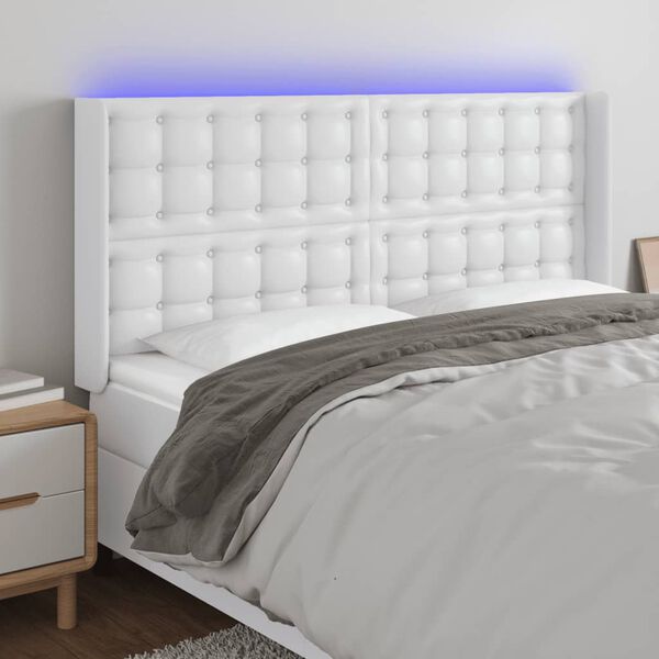 vidaXL Cabeceira cama c/ LED couro artificial 147x16x118/128 cm branco