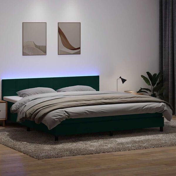 vidaXL Cama box spring c/ colch&atilde;o e LED 180x220 cm veludo verde-escuro