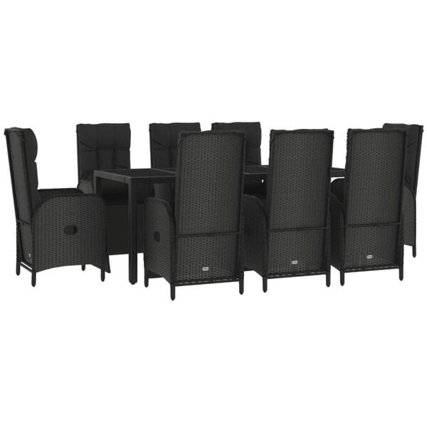 vidaXL 9 pcs conjunto de jantar p/ jardim c/ almofad&otilde;es vime PE preto