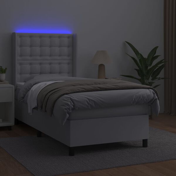 vidaXL Cama box spring c/ colchão/LED 80x200cm couro artificial branco