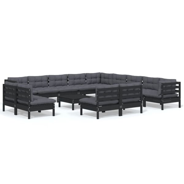 vidaXL 14 pcs conjunto lounge jardim c/ almofadões pinho maciço preto