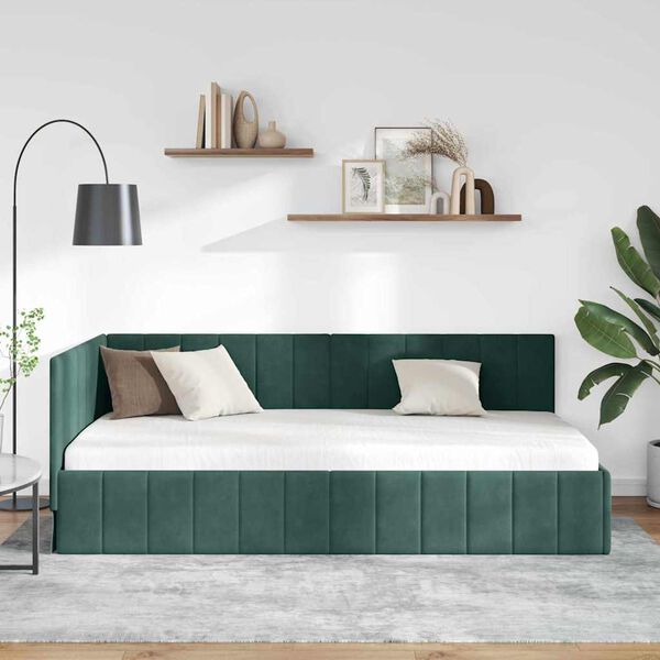 vidaXL Estrutura de Cama de Canto Verde Escuro 90 cm x 200 cm Veludo
