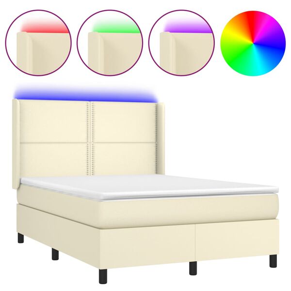 vidaXL Cama box spring c/ colch&atilde;o/LED 140x190cm couro artificial creme