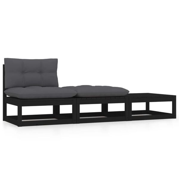 vidaXL 3pcs conjunto lounge de jardim c/ almofadões pinho maciço preto
