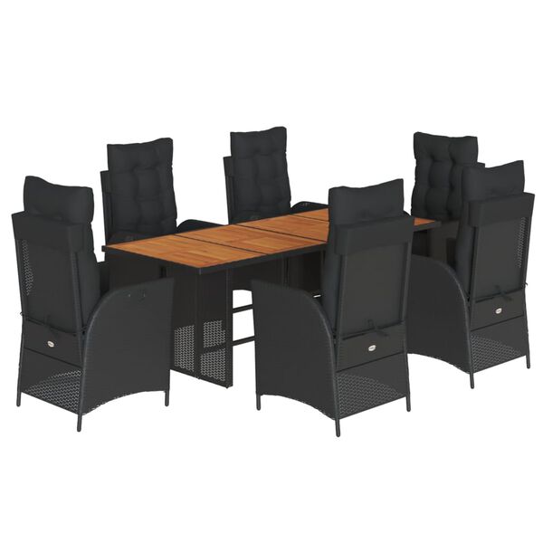 vidaXL 7 pcs conjunto de jantar p/ jardim c/ almofad&otilde;es vime PE preto