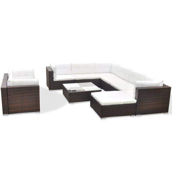 vidaXL 10 pcs conjunto lounge jardim c/ almofad&otilde;es vime PE castanho