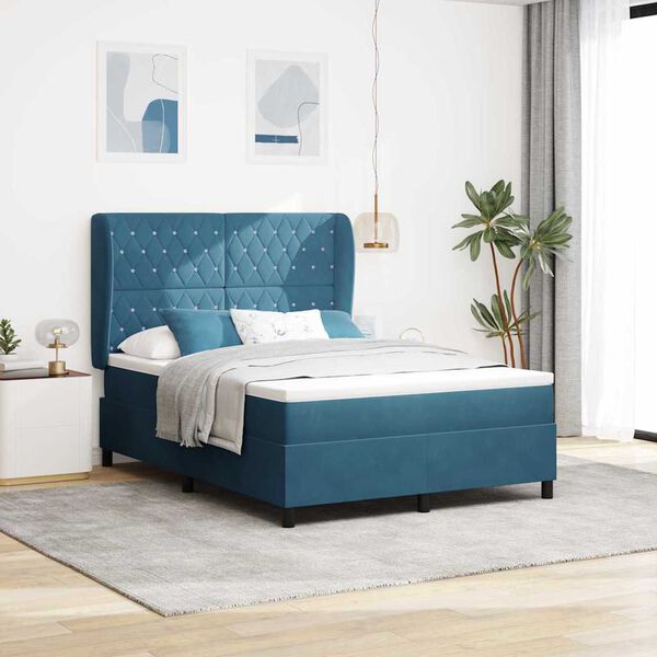 vidaXL Cama Box com colch&atilde;o Azul Escuro 190 x 140 cm Veludo