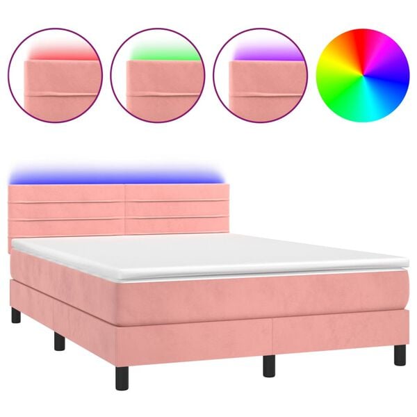 vidaXL Cama box spring c/ colch&atilde;o/LED 140x190 cm veludo rosa