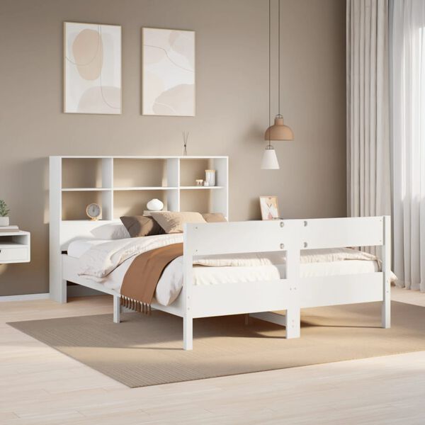 vidaXL Cama com estante sem colch&atilde;o 120x190 cm pinho maci&ccedil;o branco