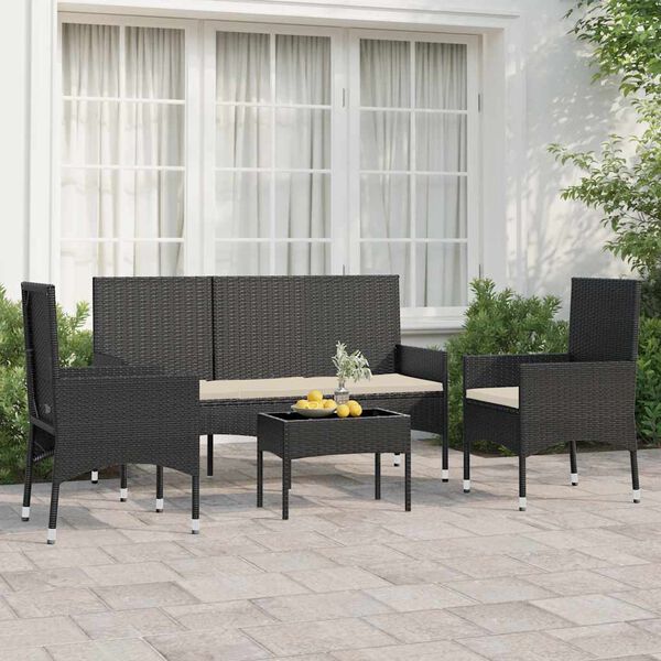 vidaXL 4 pcs conjunto lounge de jardim c/ almofadões vime PE preto